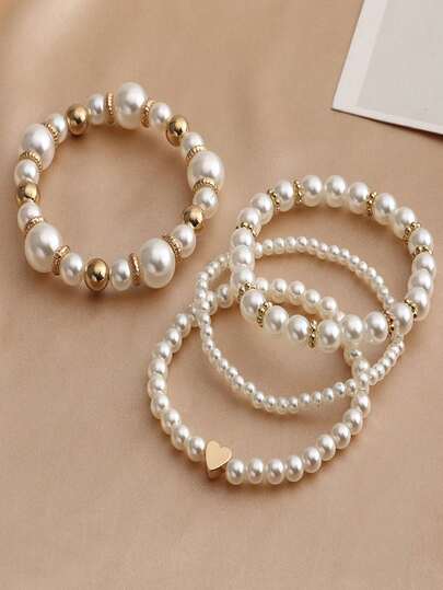 4pcs/Set Girls' Minimalist Elegant Multi-Layer Pearl Stacked Elastic Bracelet Set, Suitable For Girls' Daily Wear, Parties, Valentine's Day Gifts