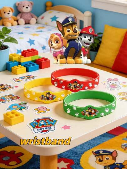 Paw Patrol 1/6条汪汪队卡通硅胶腕带，色彩鲜艳随机搭配，舒适轻便，男女皆宜，包含Rubble、Chase、Rocky、Zuma、Skye、Everest、Tracker、Tuck、Ella、Rex、WildCat、Liberty等角色，是理想的派对和运动配件，也可用于房间、卧室、家居装饰。