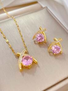 1 Set Edelstahl Rosa Anhänger Halskette & Ohrringe Schmuckset, vielseitiges luxuriöses Strass-Design Halskette Ohrringe Schmuck, Geschenk-Accessoires - Stil A – Einheitsgröße - Übersicht 1