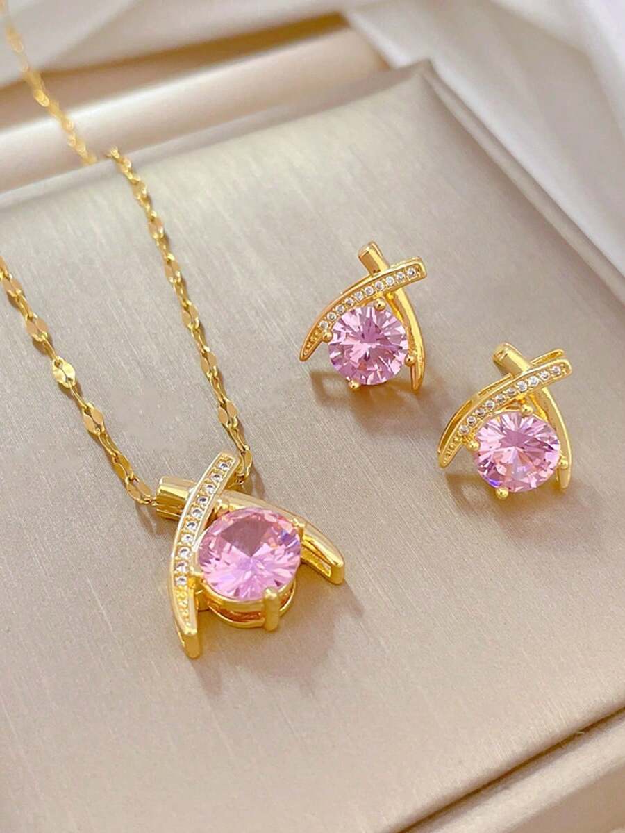 1 Set Edelstahl Rosa Anhänger Halskette & Ohrringe Schmuckset, vielseitiges luxuriöses Strass-Design Halskette Ohrringe Schmuck, Geschenk-Accessoires - Stil A – Einheitsgröße - Übersicht 1