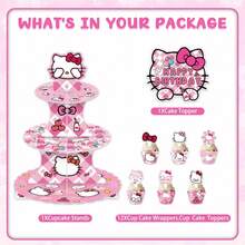 Sanrio 三丽鸥卡通猫生日派对装饰，猫咪主题三层纸杯蛋糕架，装饰纸和1个蛋糕插牌，猫咪派对装饰，非常适合生日、婴儿派对或任何甜蜜时尚的庆祝活动。
