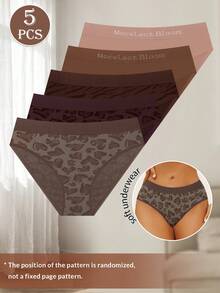 MEIYATING 5pcs Women's Low Waist Seamless Panties, Leopard Print, High Elasticity, Skin-Friendly - Multicolor - View 6