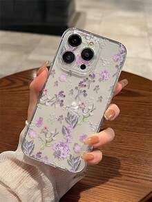 A Stylish And Creative Full-Screen Purple Flower And Leaf Floral Design High-Transparency Phone Case, Made Of Transparent TPU Material, Drop-Proof, Scratch-Proof, And Fingerprint-Resistant, Protecting The Camera Lens And Compatible With Apple, Nothing, Pixele, INFINIX, And Redmi Phones. - Multicolor - View 3