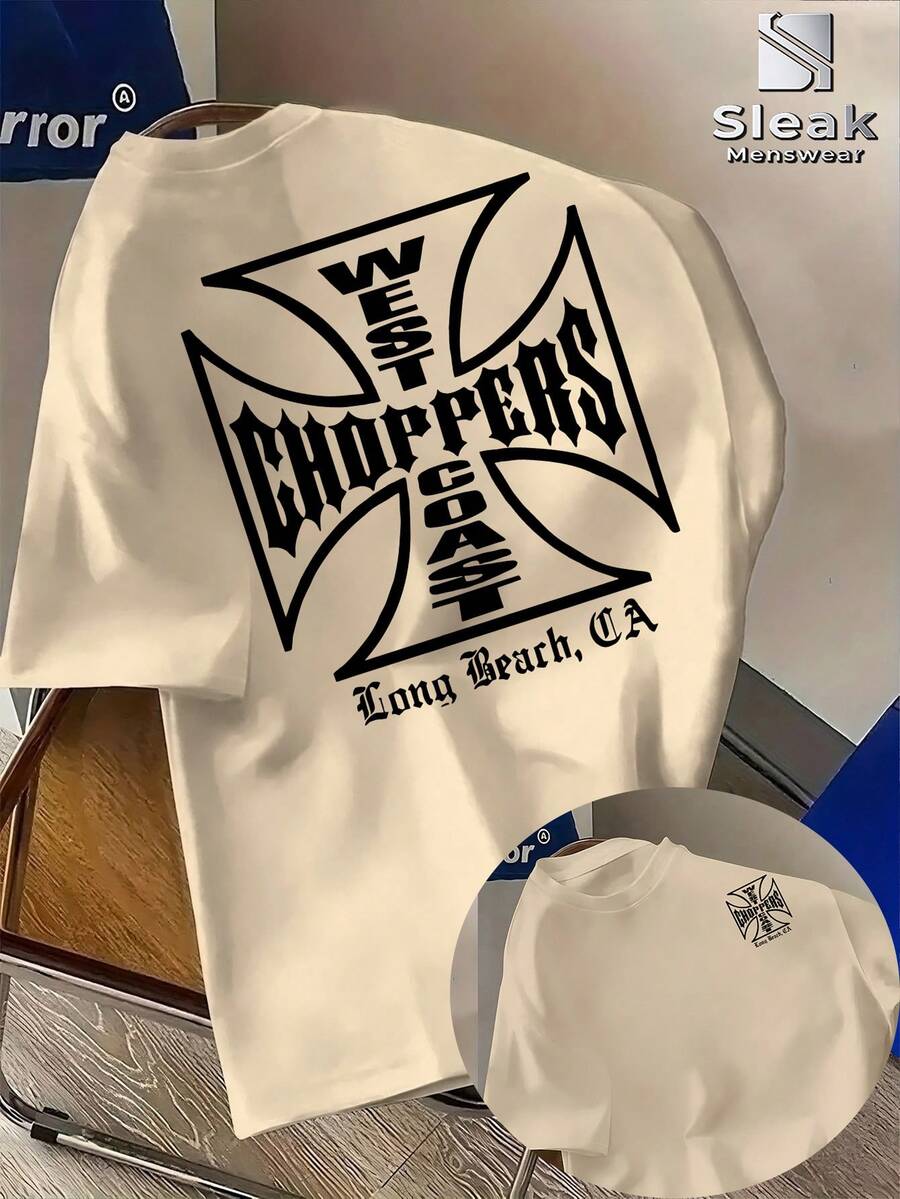 Men'S West Coast Choppers Letter Print T-Shirt | Casual Fashionable Crew Neck Short Sleeve, Breathable, Summer Season Graphic Tee Mens Clothes - 杏色 - 查看 1