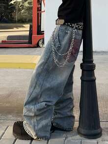 Hearty Haven 1件装复古男士街头时尚拼接刺绣阔腿裤，宽松休闲舒适做旧雪洗牛仔裤，四季皆宜（不含腰带和配饰） - 藍色 - 查看 8