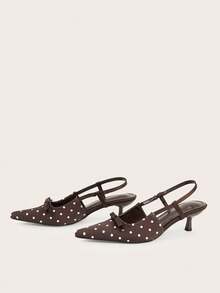 Coffee Polka Dot Bow Tie Pointed Toe Slip-On High Heel Pumps, Elegant Office/Commute Shoes - Coffee Brown - View 3
