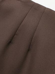 Women's Simple Solid Brown Straight High Waist Side Zipper Shorts, Summer - Dark Brown - View 6