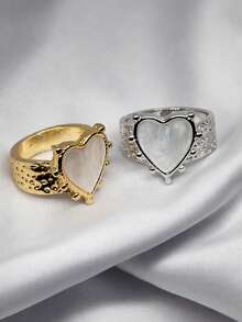 Women's Mother-Of-Pearl Heart Ring In An Organic Shape With An Elegantly Detailed Band, Perfect As A Sophisticated Luxury Gift. - 銀色 - 查看 5