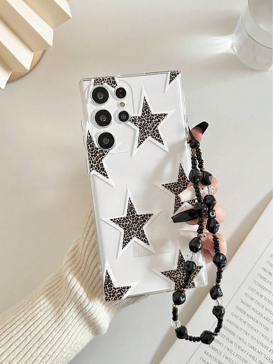 1pc Transparent Holographic Leopard Print & Star Painted Thick Shockproof Phone Case With Beaded Bracelet Accessory, Compatible With Samsung Galaxy S26/S26 PLUS/S26 Ultra, S25/S25 PLUS/S25 Ultra, A17, A07, A16, A36, A26, A56, A50, A12, A32, A52, A72, A51, A21S, A13, A14, S24/S24 PLUS/S24 Ultra, S22, A52, A53, A54, A55, S23, 11/12 Pro/12/12X/13 Pro/14 Pro/15 Pro, Redmi 10/9/Note 9/12C/Note 11 Pro/Note 8 Pro - Multicolor - View 1