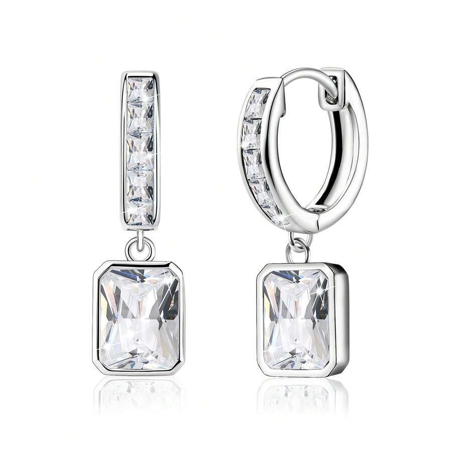 Bông tai dạng vòng vuông bằng bạc Sterling 925 đính đá Cubic Zirconia, kiểu dáng thanh lịch cổ điển, phù hợp để đeo hàng ngày, quà tặng sinh nhật. - Bạc - Xem 1
