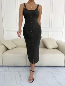 Women's Solid Color Button Design Split Spring And Summer Sling Dress Black Elegant - Black - View 4