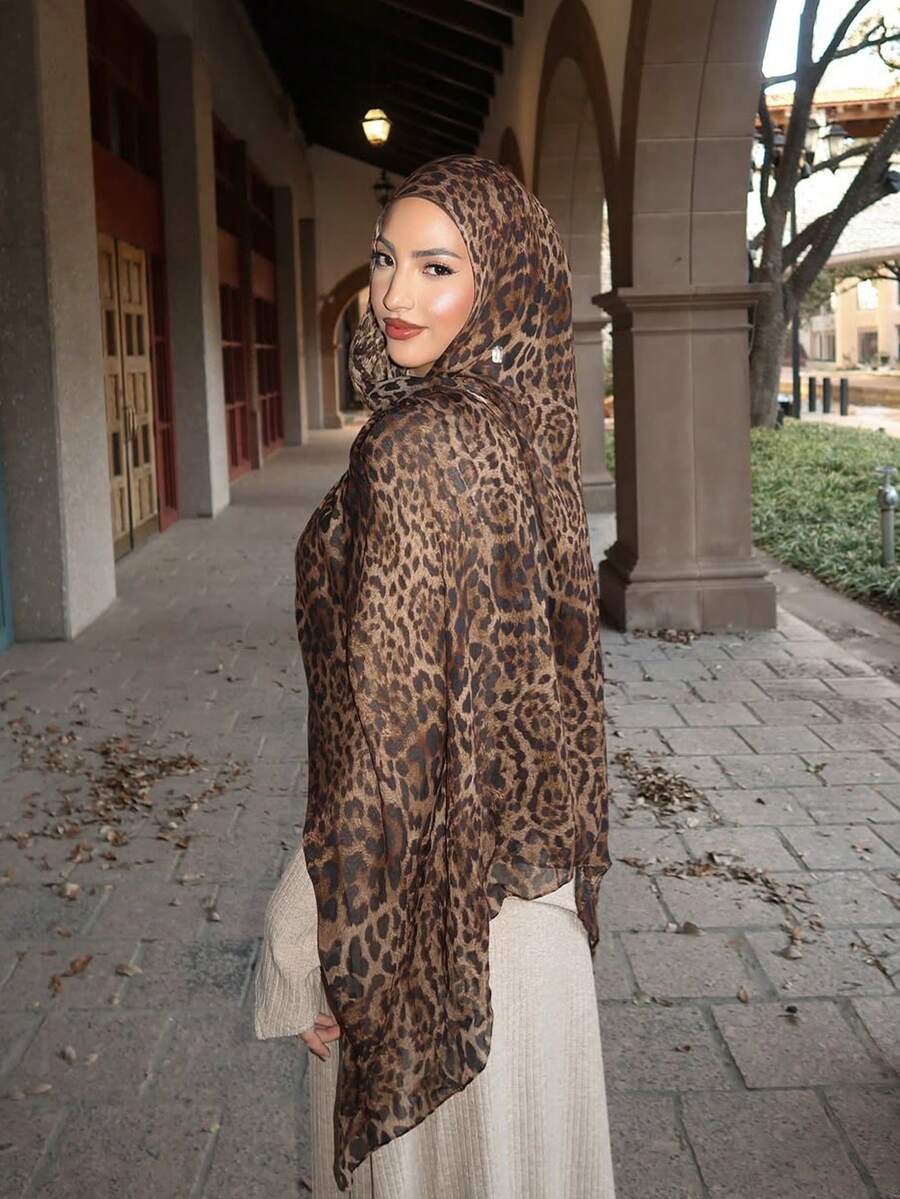 1 Peça Lenço Feminino Novo Estilo Boêmio com Estampa de Leopardo em Aquarela, Lenço Minimalista Elegante Multifuncional de Algodão e Viscose, Leve e Respirável, Proteção Solar para Verão, Versátil para Uso Diário - Estampa de leopardo grande - Visão 1