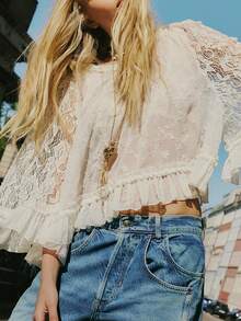 Women's Lace Cape Top Y2K Sheer Lace Floral Embroidery T-Shirt Long Flared Sleeve Round Neck Sheer Party Tops Elegant Loose Ruffle Trim Blouse For Spring Summer Fall - Trắng - Xem 5