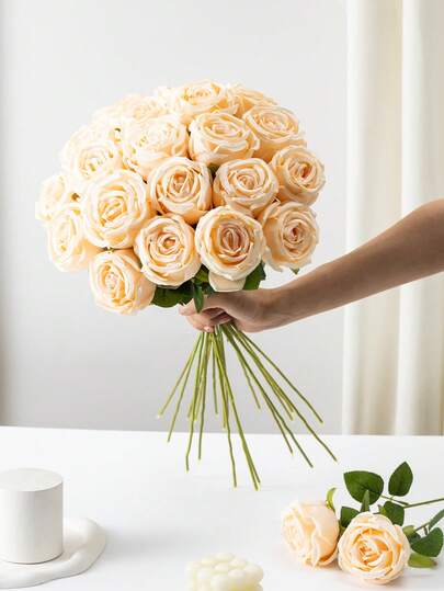 MEHELANY 3/1pc Champagne Artificial Rose Flower With Long Stem, Realistic Silk Rose Flower For Spring/Summer Decor, Suitable For Mother's Day, Room Decor, Vase Arrangement, Home/Wedding Table Centerpiece, DIY Floral Arrangement, Wreath Or Arch Decoration