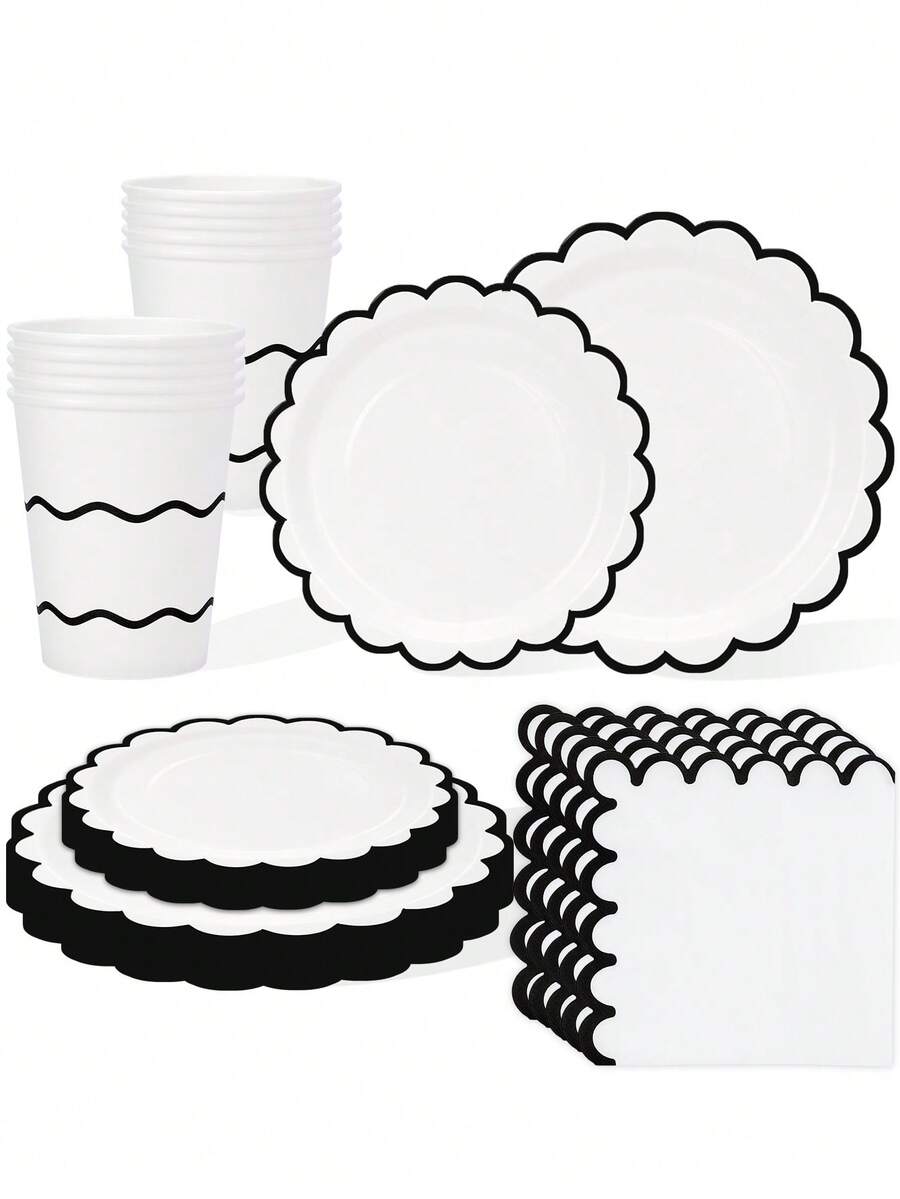 10pcs/50pcs/80pcs White And Black Wavy Edge Paper Plates, Paper Cups, Paper Napkins Set, Black Party Supplies Including Wavy Edge Plates, Serving Trays, Decorative Napkins, Cups, Suitable For Wedding, Birthday, Holiday Party - Black Lace - View 1