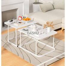 Decoración Moderna, Juego de 2 Mesa de Centro para Sala de Madera, Acero Inoxidable, Fácil Montaje, Diseño Cuadrado Anidado para Sala (Blanco) - por defecto - Ver 1