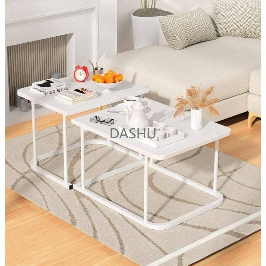 Decoración Moderna, Juego de 2 Mesa de Centro para Sala de Madera, Acero Inoxidable, Fácil Montaje, Diseño Cuadrado Anidado para Sala (Blanco) - por defecto - Ver 1