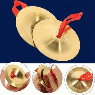 中国新年庆祝活动 - 乐器、初学者道具、锣鼓警示信号、铜合金打击乐器套装 - 传统中国音乐鼓，红色手柄，镜面抛光黄铜表面，音质清晰