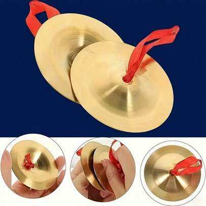 Chinese New Year Celebration - Musical Instruments, Beginner Props, Gong & Drum Warning Signals, Brass Percussion Instrument Set - Traditional Chinese Music Drum, Red Handle, Mirror Polished Brass Surface, Clear Sound