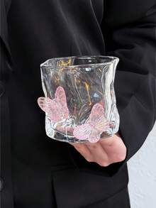 1 件粉色 3D 不对称蝴蝶玻璃杯，ins 风格果汁饮料玻璃杯，高品质玻璃水杯，甜品杯，适用于甜品店、客厅、餐厅、礼物、聚会、派对 - 粉色 - 查看 3