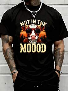 Unhappy Cow, Mooood Print Men's Fashion  Short Sleeve, Casual Style Top, Essential Basic T-Shirt For Men, Comfortable For All Seasons, Ideal Gift - màu đen - Xem 1