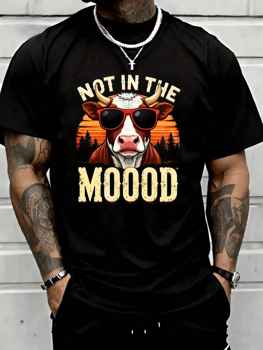Unhappy Cow, Mooood Print Men's Fashion Short Sleeve, Casual Style Top, Essential Basic T-Shirt For Men, Comfortable For All Seasons, Ideal Gift - màu đen - Xem 1