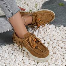 Women's New Casual Shoes, Suede Bohemian Style Loafers, Fringe Decor Lace-Up Thick Sole Sneakers - Ginger - View 5