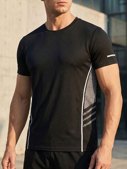男士透气速干运动T恤，侧边网眼拼接配撞色滚边，适合健身跑步，吸湿排汗，夏季运动服