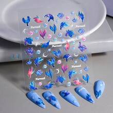 5D Embossed Nail Stickers For Summer Nail Art With Mermaid Tail Design Nail Decals Se--Adhesive Nail Art Stickers Moon Bubbles For Artificial Nails Supplies For Women Manicure Decorations - 風格4 - 查看 3