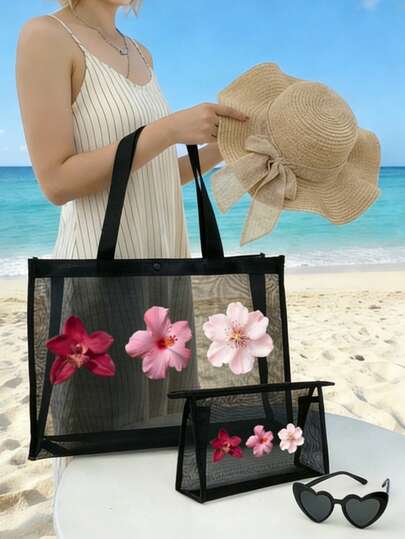 热带花卉网眼手提包，芙蓉花、蛋花图案，大容量透明沙滩包，便捷化妆包 - 度假必备，情侣及学生礼物，便携式沙滩度假大容量手提包，网眼沙滩包