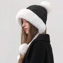 1pc Women's Thick Warm Earmuff Beanie Hat, Cute Knitted Windproof Ski Cap For Winter - Black - View 1