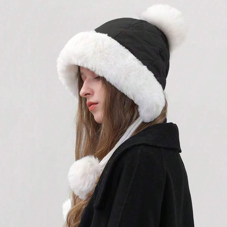 1pc Women's Thick Warm Earmuff Beanie Hat, Cute Knitted Windproof Ski Cap For Winter - Black - View 1