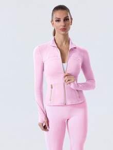 Women Slim Fit Sports BBL Jacket With Thumb Hole Stand Collar Zip Up - Meringue hồng/vàng - Xem 3