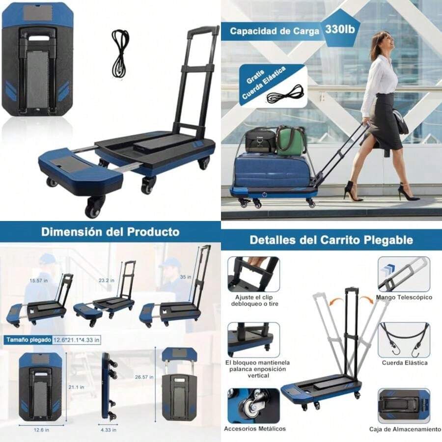 Carro de Mano Plegable con Plataforma, Carrito de Equipaje con 6 Ruedas de Manija Ajustable, Carritos para Compras con 2 Organizador & Cuerda Elástica para Hogar Viaje Mudanza Oficina 220lb(default) - Multicolor - Ver 1