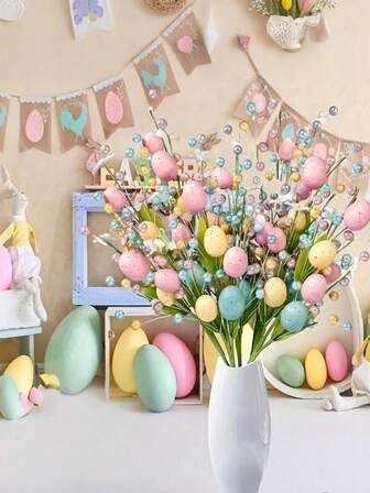 1 طقم من الأغصان الواقعية للبيض الوردي والأخضر والأزرق لعيد الفصح | أغصان توت يدوية الصنع للديكور DIY، طاولة، ترتيبات المزهريات وديكورات الحفلات