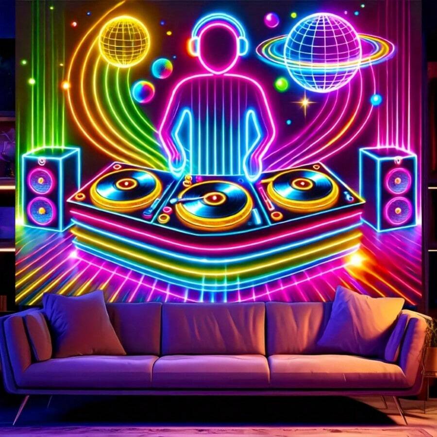 Versatile Glow-In-The-Dark DJ Neon Tapestry For Living Room, Bedroom, Game Room & Parties - Space Music Art - Multicolor - View 1