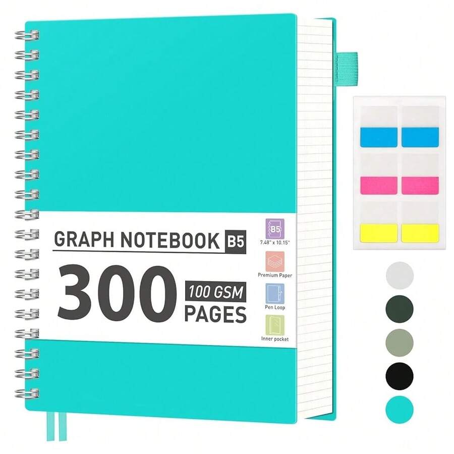 Graph Paper Notebook, 300 Pages Spiral Notebook Journal 7.6\ X 10\, B5 Large Grid Paper Notebook, 100gsm Thick Paper, Plastic Hardcover Journals For Schoolsss Engineering Math, Lake Blue - LakeBlue - View 1