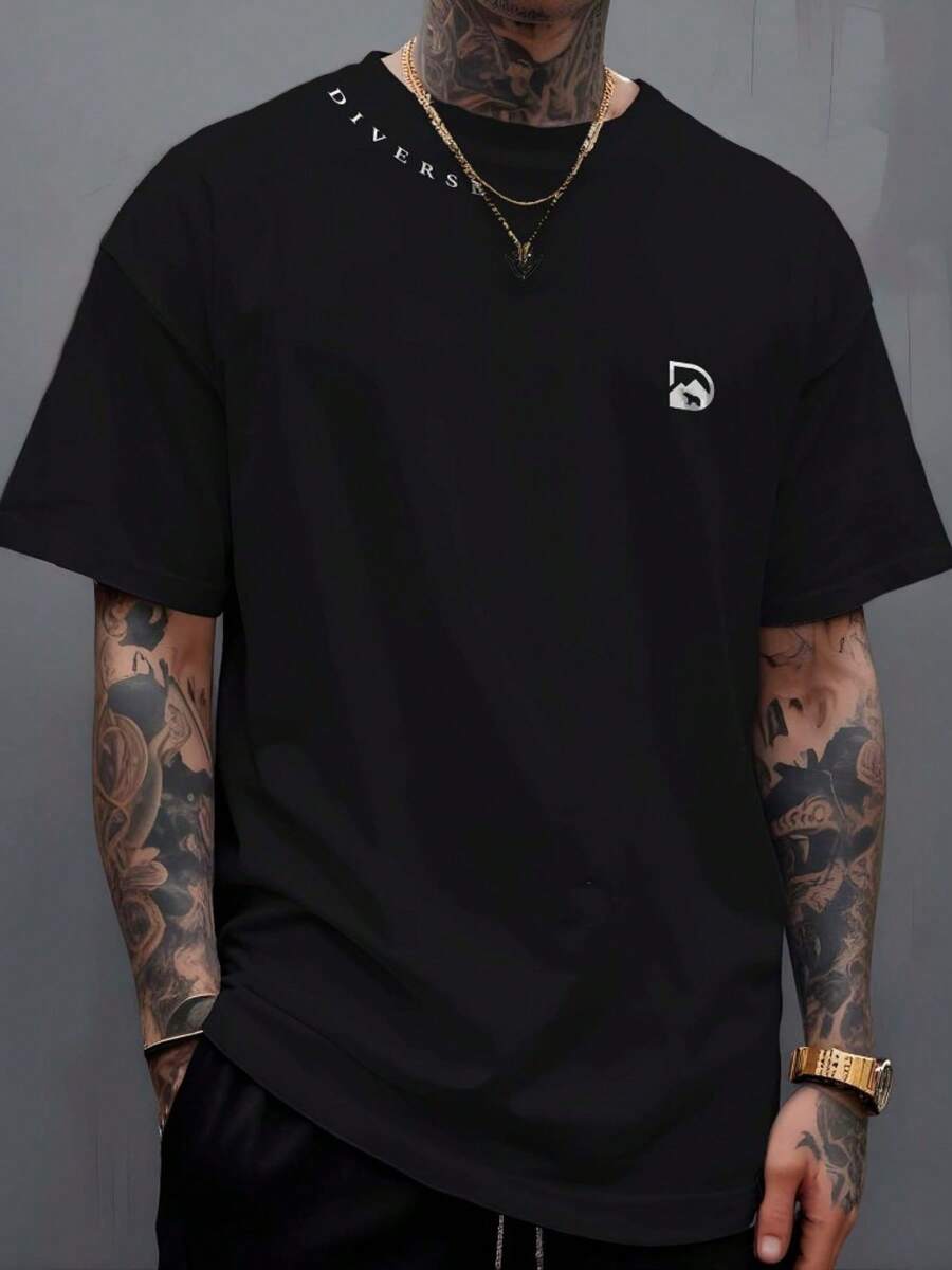 Manfinity Diverse T-Shirt With Collar, 100% Cotton Streetwear - 黑色 - 查看 1