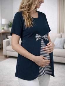 Blusa maternidad lactancia amamantamiento premamá embarazo embarazada mujer dama lisa manga corta cuello redondo moño decorativo frontal detalle rayas apertura frontal oculta para lactancia corte amplio cómoda suave fresca ligera casual diario posparto crianza outfit femenino moderno versátil holgada crecimiento pancita primavera verano otoño invierno - Azul marino - Ver 1