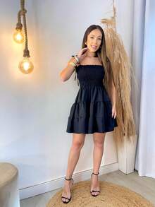 Women's Three-Tiered Dress With Lastex Fabric,  Style, Cool And Comfortable, With Elasticated Elastic And Adjustable Straps, Summer, Day & Night, Party, Beach, Fashion, Ruffled - 黑色 - 查看 1