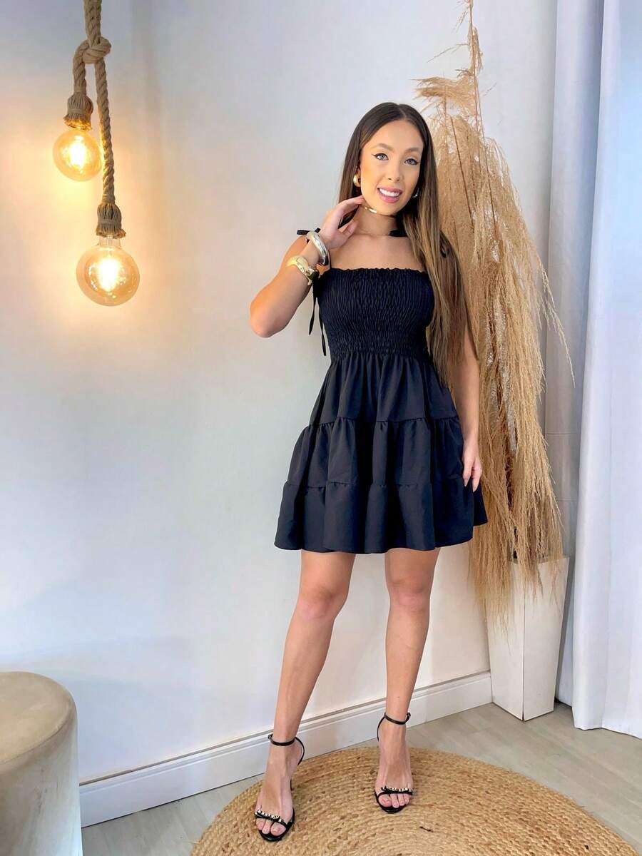 Women's Three-Tiered Dress With Lastex Fabric, Style, Cool And Comfortable, With Elasticated Elastic And Adjustable Straps, Summer, Day & Night, Party, Beach, Fashion, Ruffled - 黑色 - 查看 1
