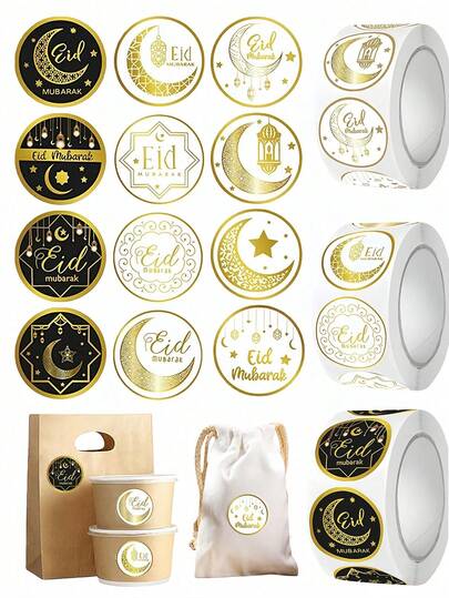 500pcs/Roll Eid Mubarak Decoration Sticker Labels - Festive Ramadan Seals With Arabic Calligraphy Golden Moon & Star & Lantern Decorations Designs For Eid Al-Fitr & Eid Al-Adha Celebrations, Islamic Home Decor