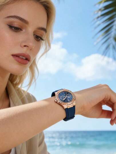  Guess Women's Quartz Watch, Quartz Movement, Stainless Steel Case, Black Rubber Strap, Analog Display, Rhinestone Bezel, Ladies Wristwatch, Suitable For Daily Wear And Sports, Birthday, Anniversary, Valentine's Day Gift W1053L7