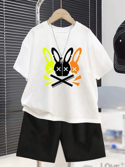 KID002y007|2 piezas|Nuevo Conjunto de Dos Piezas para Niños, Camiseta con Estampado Animado y Manga Corta más Shorts Veraniegos con Diseño de Conejo, Ideal para Uso al Aire Libre