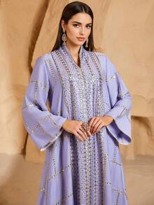 Áo Kaftan nữ thanh lịch màu tím dệt kim, cổ chữ V, tay dài raglan thêu chỉ vàng, kiểu dáng dài, không co giãn, thích hợp cho mùa xuân. - Màu tím hoa cà - Xem 1
