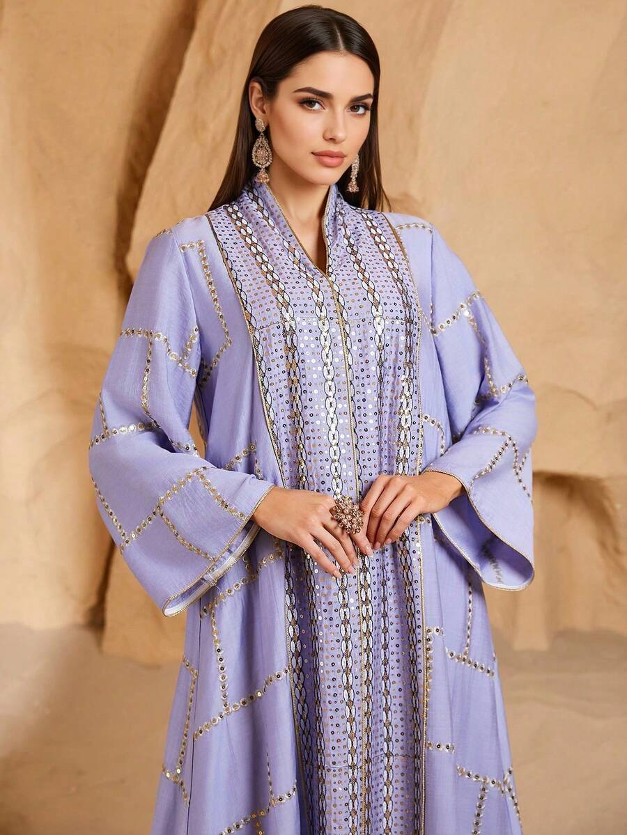 Áo Kaftan nữ thanh lịch màu tím dệt kim, cổ chữ V, tay dài raglan thêu chỉ vàng, kiểu dáng dài, không co giãn, thích hợp cho mùa xuân. - Màu tím hoa cà - Xem 1