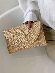 Yogodlns 时尚沙滩包 女士夏季沙滩包 信封编织手拿包 纯色大容量收纳包 玉米皮草手提包 时尚玉米皮草包 手工编织女士手拿包 信封手提包 长款女士夏季沙滩包 - 彩色 - 查看 4