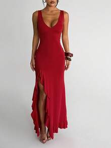 Onicee Summer V-Neck Ruffle Hem Slit Dress, Elegant Dress Suitable For Valentine's Day, Dates, Gatherings, Parties, Travel, Vacation, Beach And Other Occasions - Red - View 1