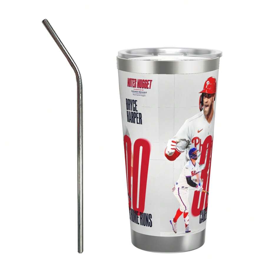 304 Stainless Steel Double Silver Edge Vacuum Insulated Drum 340g - Reusable Travel Cup With Stainless Steel Straw - This Is A Stainless Steel Water Cup About The Bryce Harper Theme - Leak Proof, Sweat Proof, Can Maintain Hot And Cold Temperatures For Hours, Frees Of Bisphenol A, Suitable For Car Cup Holders, Very Suitable For Match Days, Sports Events, Commuting, Office Rest And Outdoor Activities, Durable Double Wall Structure Fashionable Fan Gift - Silver - View 1