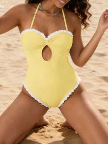 Women's Halter Neck Monokini Swimsuits Fashionable Dot Print Sleeveless Ruffle Bathing Suit - 淺黃色 - 查看 5